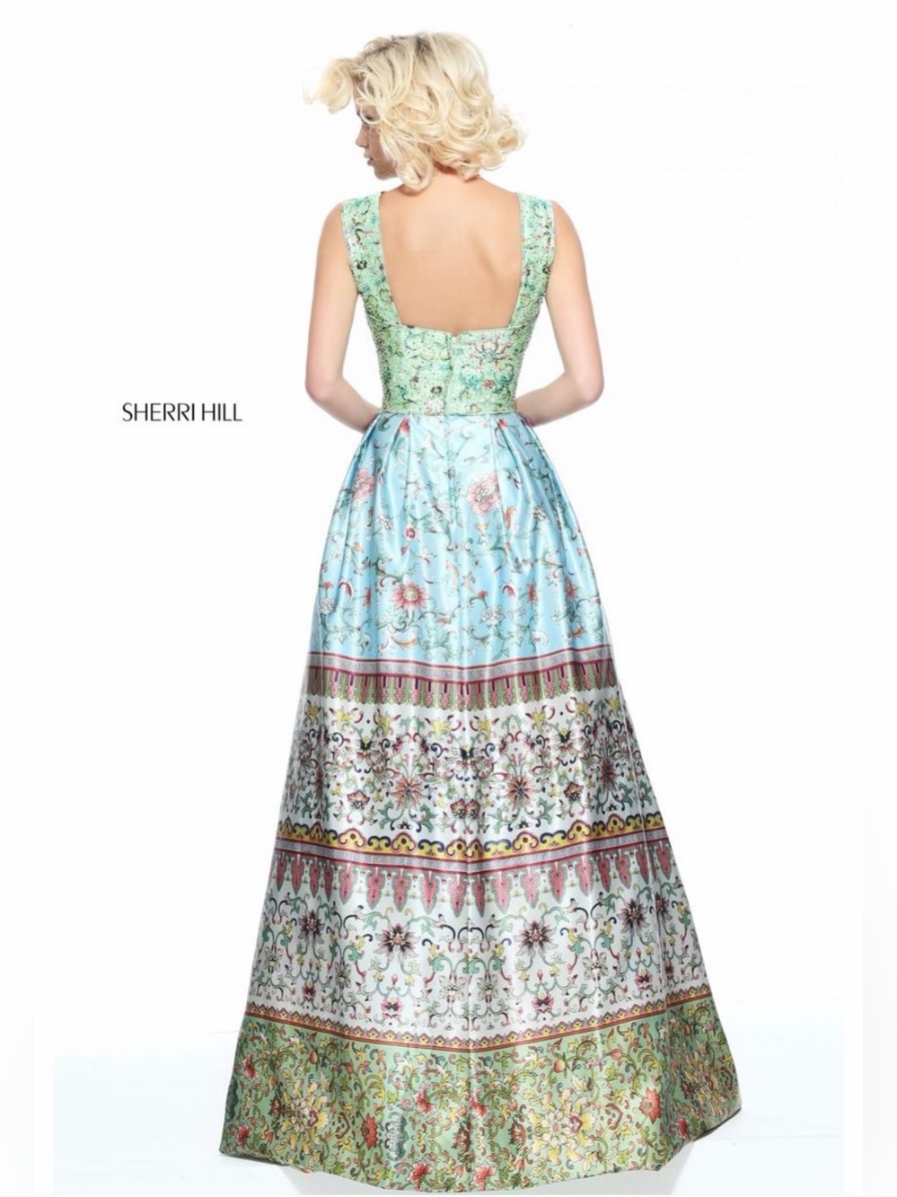 Sherri Hill Blue and Yellow Floral V-Neck Prom Gown - Picture 7 of 8